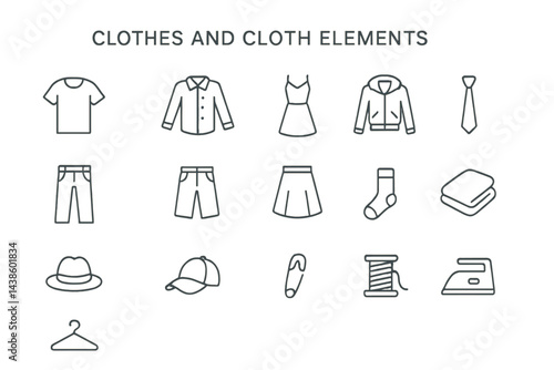 Illustration of various clothing items and sewing elements arranged in a grid layout showcasing everyday apparel and accessories