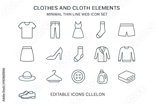 Minimal line icons of clothing and textile elements featuring various apparel and accessories in a simplistic design