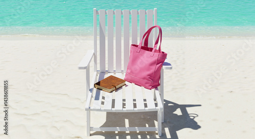 Relaxing beach chair with pink bag and book by turquoise water  