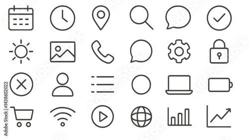 Collection of minimalist icons representing various concepts and activities for modern digital communication and planning