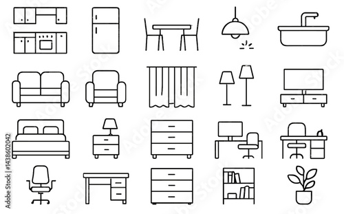 Home furnishings and decor icons representing various household items and rooms from kitchen to living space in minimalist style