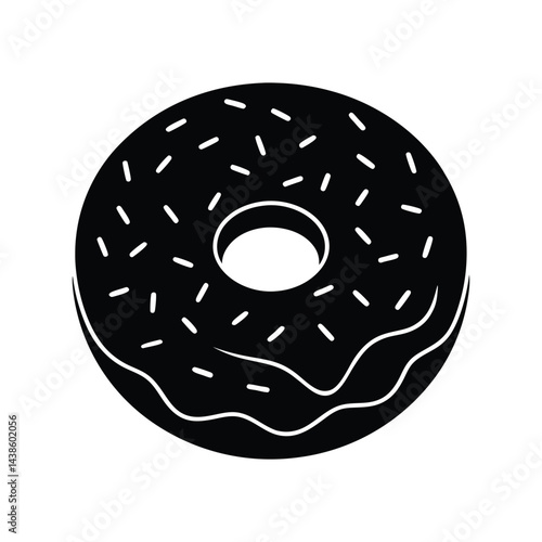 Black donut with white sprinkles and frosting silhouette style