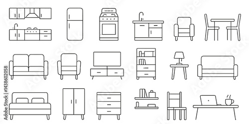 Modern kitchen and living room furniture icons designed in minimalist style suitable for home decor inspiration