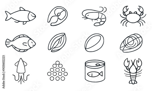 Different types of seafood illustrated as simple line drawings showing various marine life in a creative style