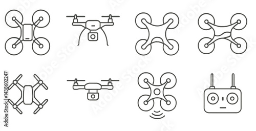 Different types of drones and remote controllers showcased in simple line art design for technology enthusiasts