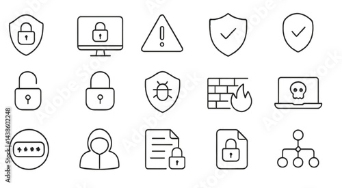 Collection of cybersecurity icons representing various aspects of digital protection and threats in a simple black and white design