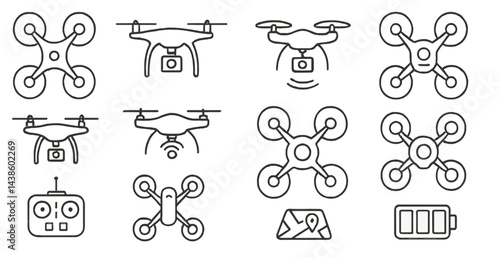Designs of various drones and controllers illustrated in clean line art suitable for technology and aviation themes