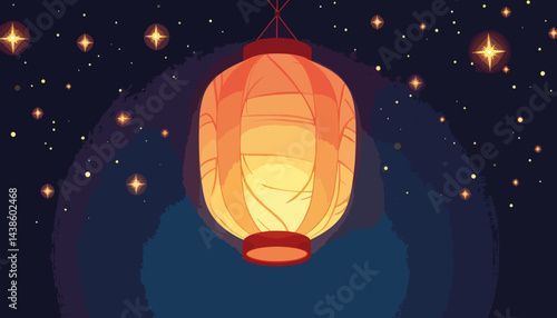 Geometric paper lantern glowing in starry night, festive ambiance