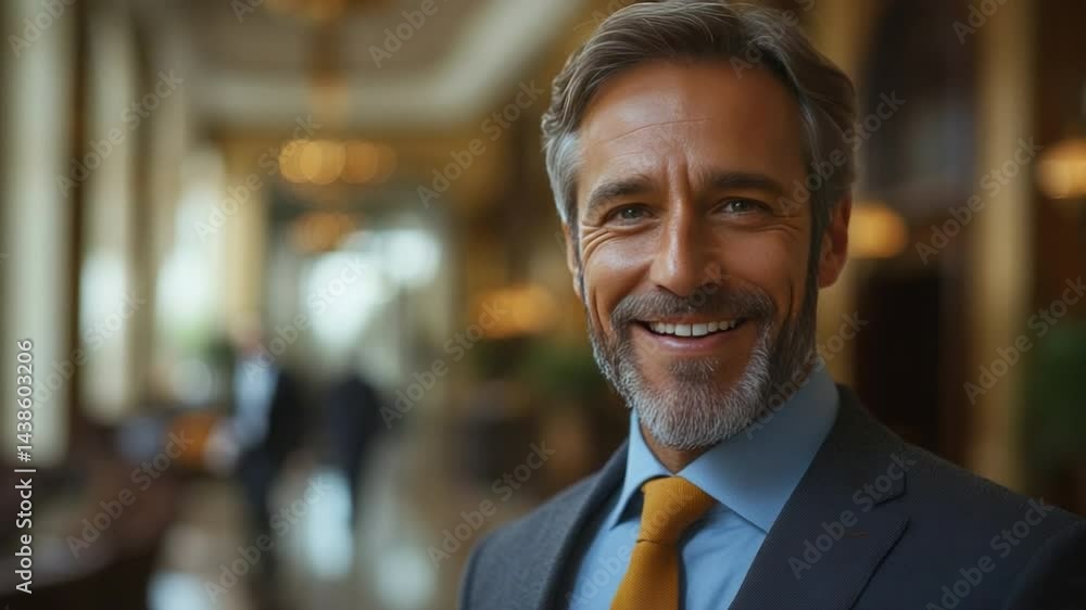 Smiling Businessman Portrait: A successful, mature businessman with salt and pepper hair and beard smiles warmly, exuding confidence and approachability. Smiling Businessman Portrait: A successful, mature businessman with salt and pepper hair and beard smiles warmly, exuding confidence and approachability.