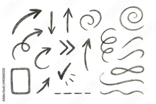 Flowing arrows and curves drawn with pencil for design and illustration purposes in a creative workspace
