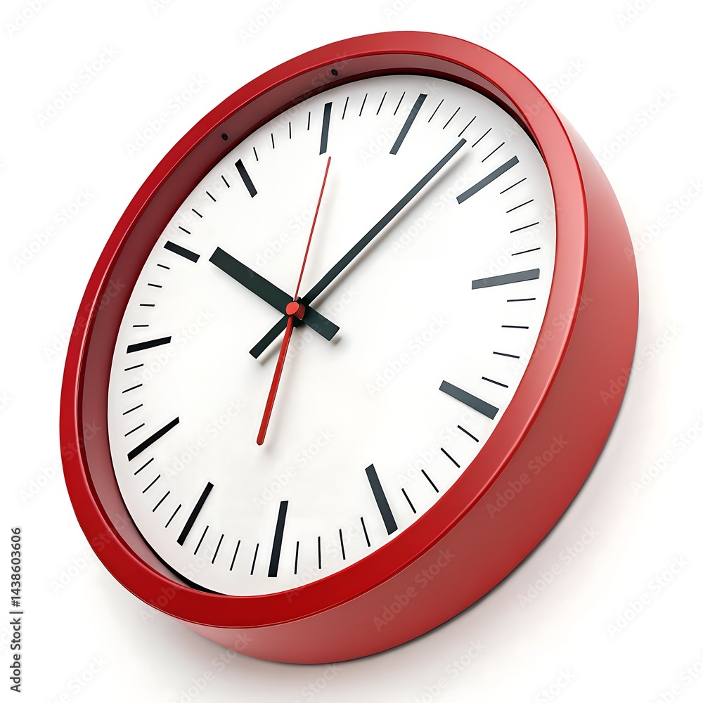 Simple Wall Clock With White Face, Black Hands and Red on White Background Simple Wall Clock With White Face, Black Hands and Red on White Background