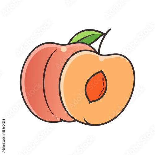 Illustration of fresh peach fruit, peach slice, healthy peach, summer peach, tasty peach fruit