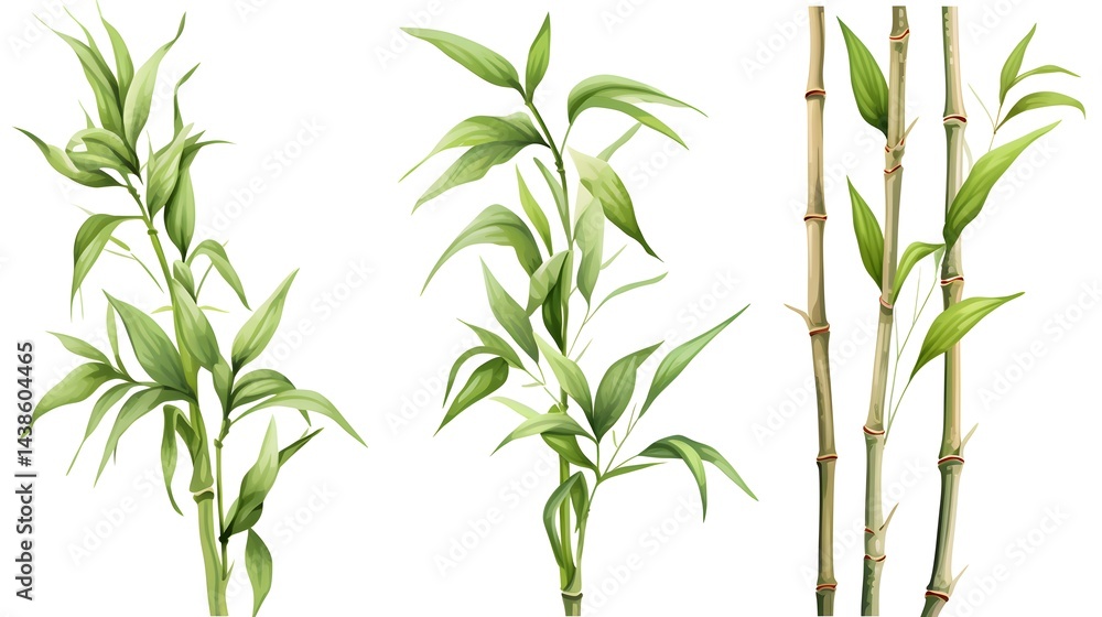 Naklejka premium Premium Quality Set of Isolated Fresh Bamboo Branches on White Background for Design Projects