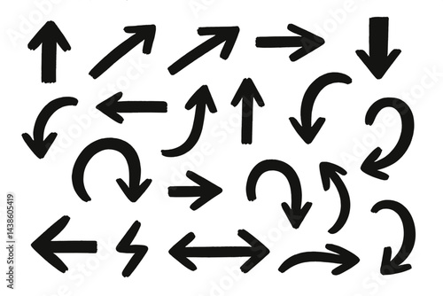 Various bold direction arrows in black on a white background for graphic design applications and creative projects