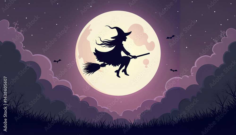 Witch flying on a broomstick against a full moon background Witch flying on a broomstick against a full moon background