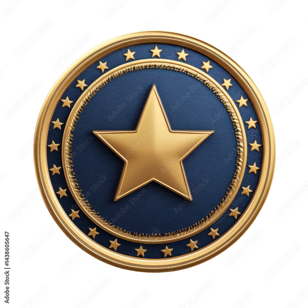 Golden star badge with blue background featuring decorative stars and a textured design Golden star badge with blue background featuring decorative stars and a textured design