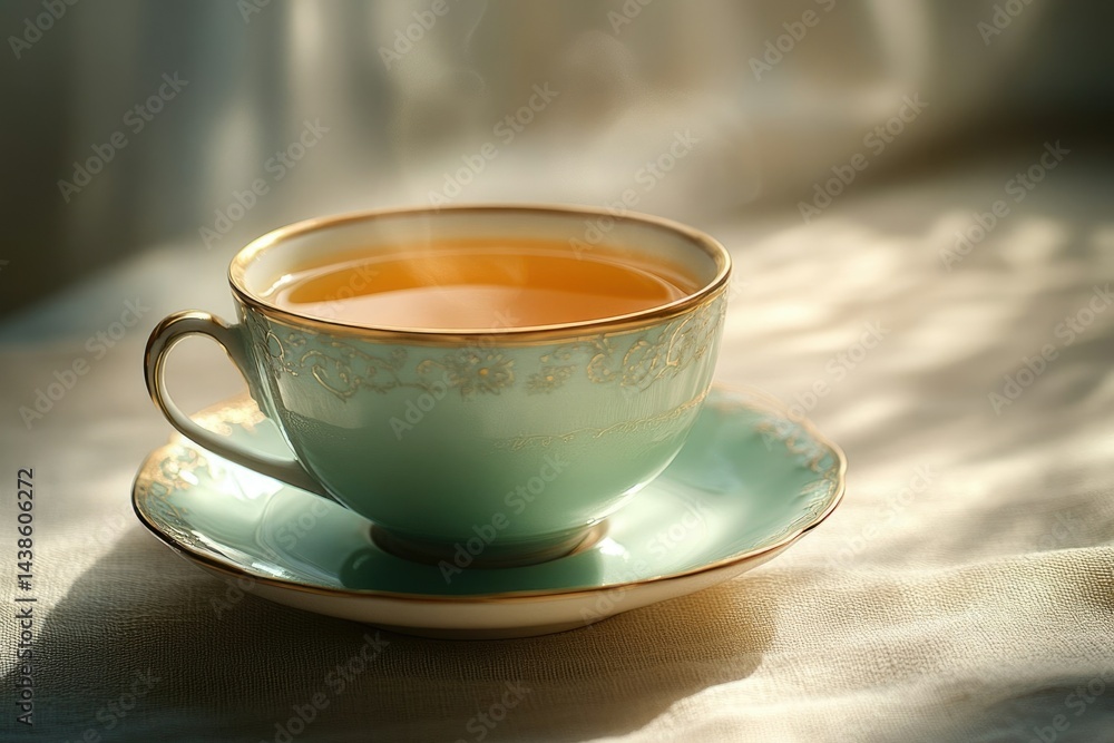 Fototapeta premium A steaming cup of tea sits elegantly on a saucer, bathed in soft, gentle light, inviting relaxation and warmth.