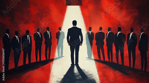 Authoritative Businessman Under Spotlight Surrounded by Corporate Figures – Abstract Illustration Symbolizing Leadership, Decision-Making, and Power in a Dramatic Red Setting
