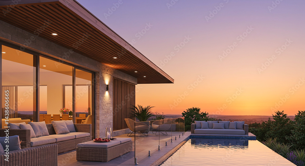 Modern luxury villa with infinity pool overlooking scenic sunset landscape Modern luxury villa with infinity pool overlooking scenic sunset landscape