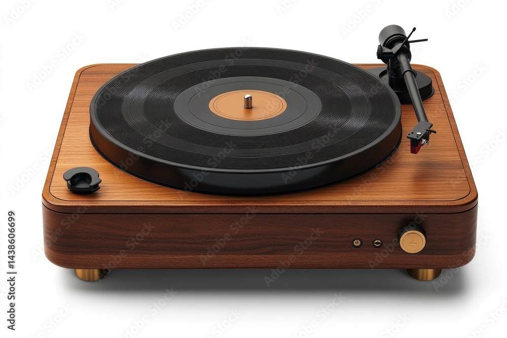A walnut wood record player with a black vinyl record, black tonearm, and gold accents, all resting on a white surface. A walnut wood record player with a black vinyl record, black tonearm, and gold accents, all resting on a white surface.
