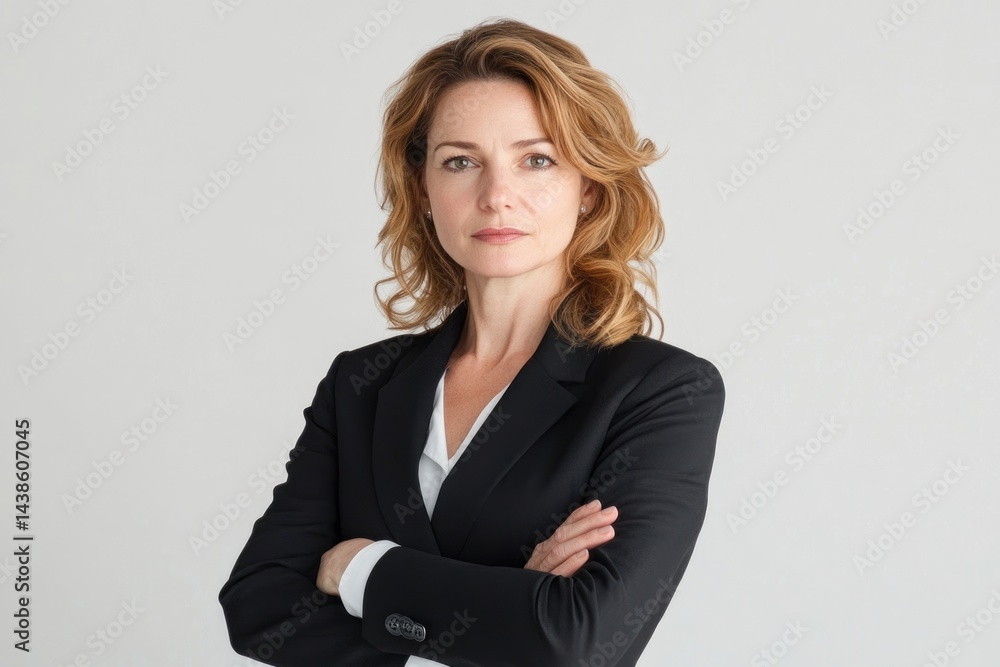 Confident businesswoman with arms crossed, wearing a black blazer and white shirt against a light gray background. Confident businesswoman with arms crossed, wearing a black blazer and white shirt against a light gray background.