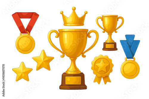 Collection of gold trophies, medals, and awards displayed prominently in a celebratory arrangement