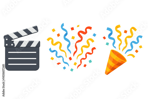 Celebrating a film premiere with a clapperboard and colorful confetti in a festive atmosphere during the evening hours