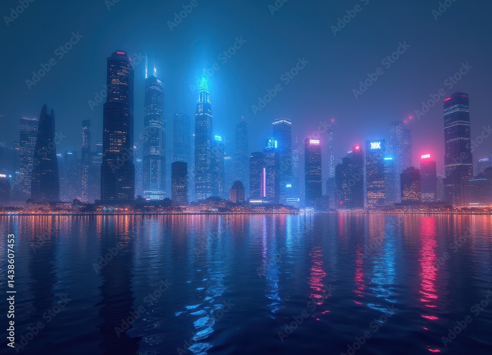 Fototapeta premium Night Cityscape: Futuristic Skyline Reflected in Calm Waters