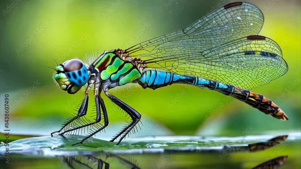 Large common bluetail dragonfly perched on a leaf in a serene natural setting, A large common bluetail dragonfly standing very still on a lily pad Large common bluetail dragonfly perched on a leaf in a serene natural setting, A large common bluetail dragonfly standing very still on a lily pad
