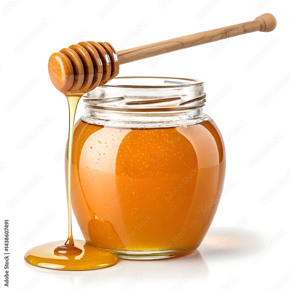 Honey jar with wooden dipper, dripping golden honey on white surface, sweet and viscous Honey jar with wooden dipper, dripping golden honey on white surface, sweet and viscous