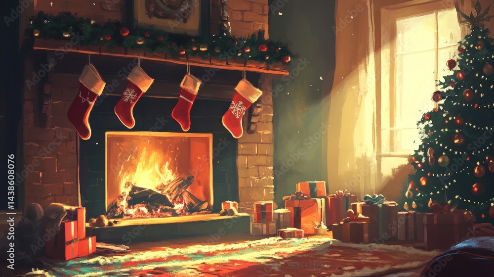 custom made wallpaper toronto digitalCozy christmas fireplace scene with stockings and presents.