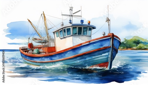 fishing boat watercolor illustration isolated on transparent sea for art work