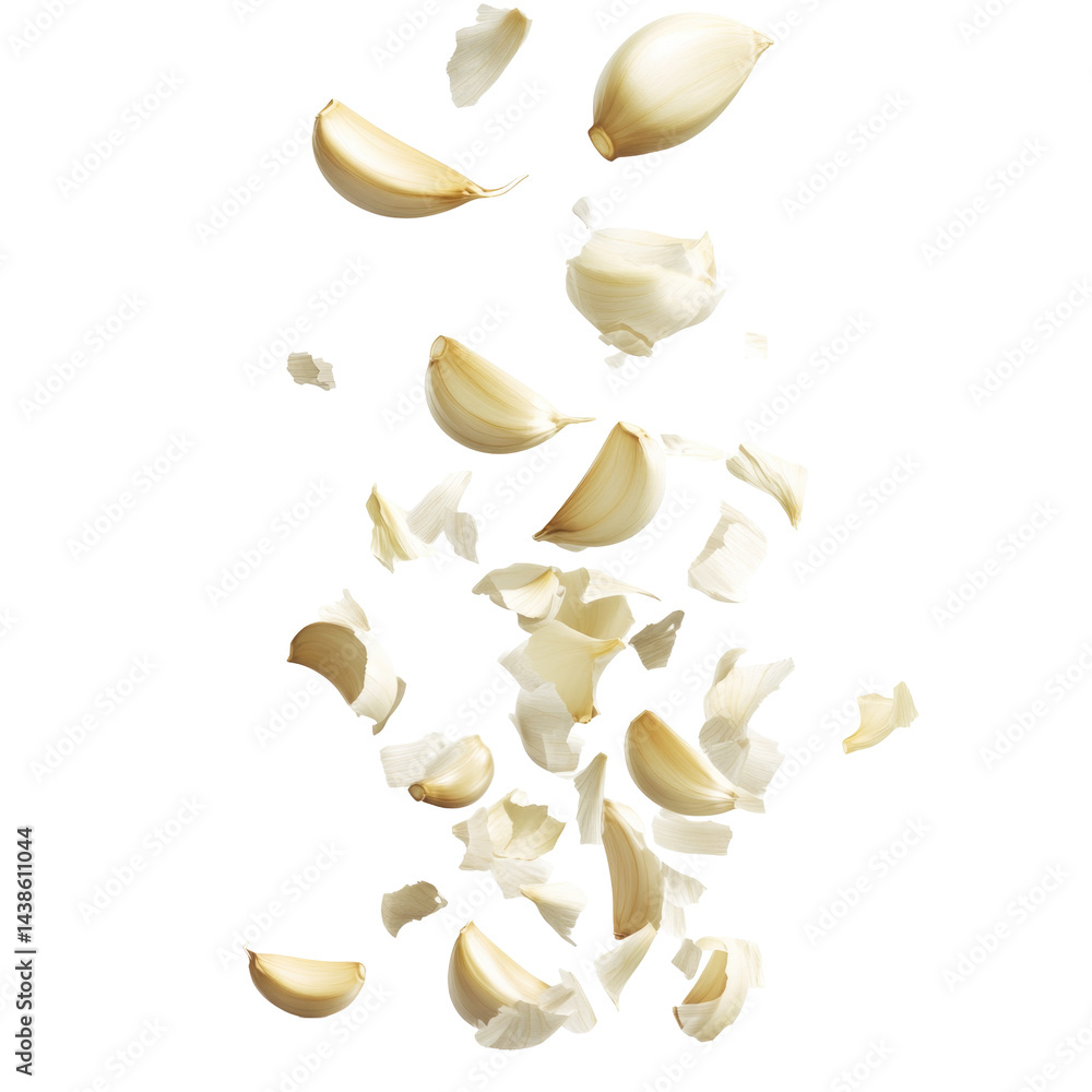 Garlic Clove Cubes Falling Midair Crisp isolated on a transparent background Garlic Clove Cubes Falling Midair Crisp isolated on a transparent background