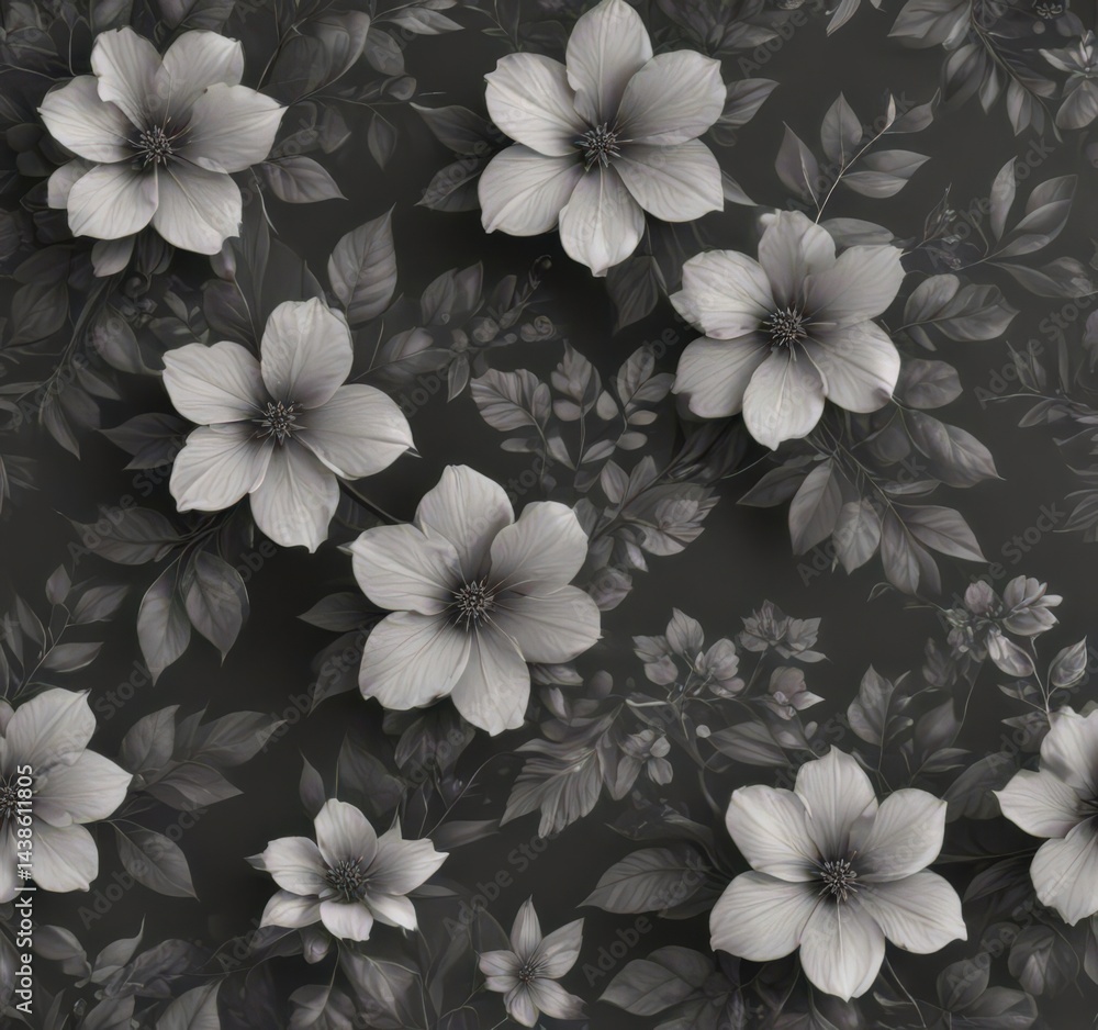 Fototapeta premium Subtle charcoal floral wallpaper Delicate blooms & leaves repeat seamlessly , twig, photography, delicate