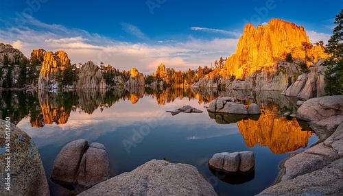 fantastic sunrise over sylvan lake south dakota in custer state park the unique rock formation reflected in the lake