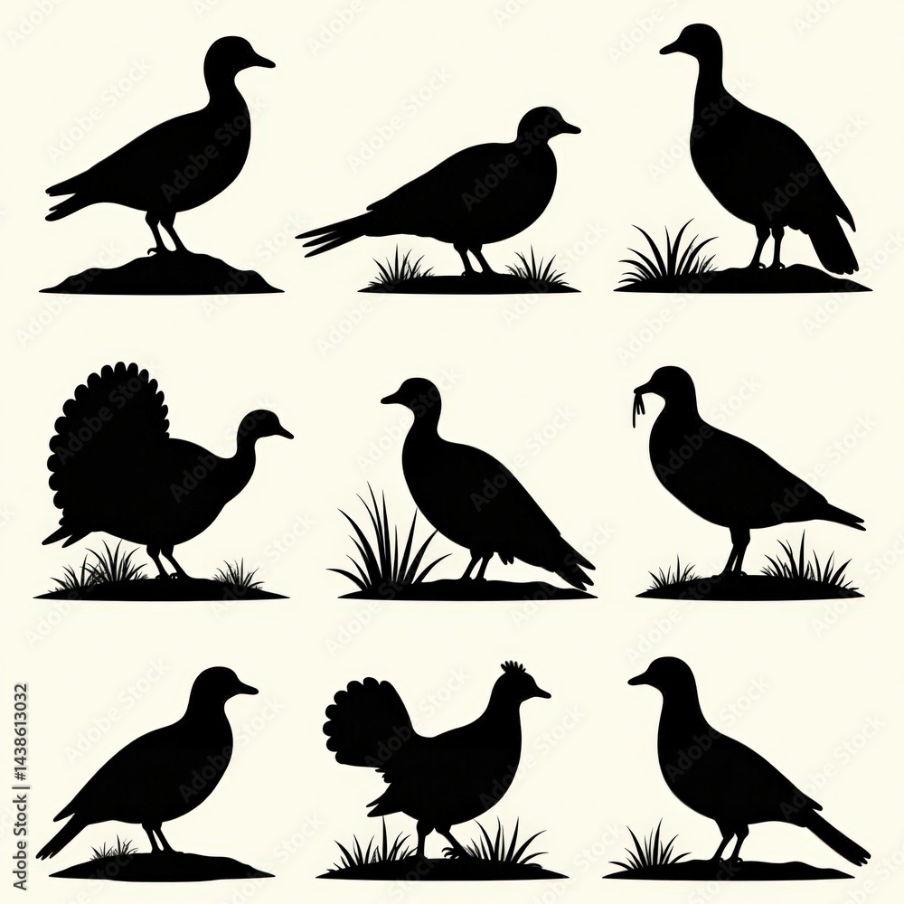 Fototapeta premium Vector set of hunting silhouettes for various game birds including ducks, turkeys, quail, and pheasants, camouflage, vector illustration, wildlife