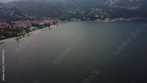 aerial view of a town near a lake