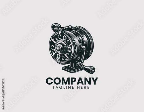 Detailed Sketch of Spinning Fishing Reel Vector Logo Design, Intricate Sketch Spinning Fishing Reel Logo
