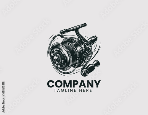 Detailed Sketch of Spinning Fishing Reel Vector Logo Design, Intricate Sketch Spinning Fishing Reel Logo