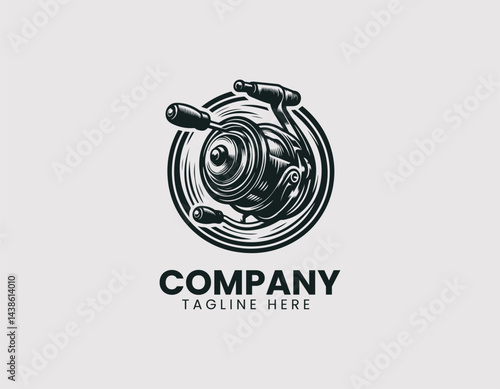 Detailed Sketch of Spinning Fishing Reel Vector Logo Design, Intricate Sketch Spinning Fishing Reel Logo