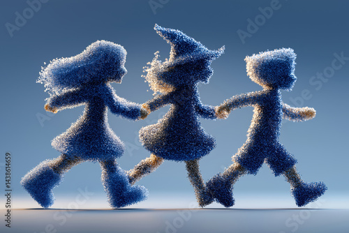 Double exposure of kids dancing for Christmas holiday, made from tiny cubes and particles. 
