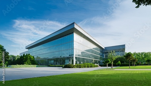 Wallpaper Mural modern office building with large windows and a parking lot in front surrounded by green grass and trees Torontodigital.ca