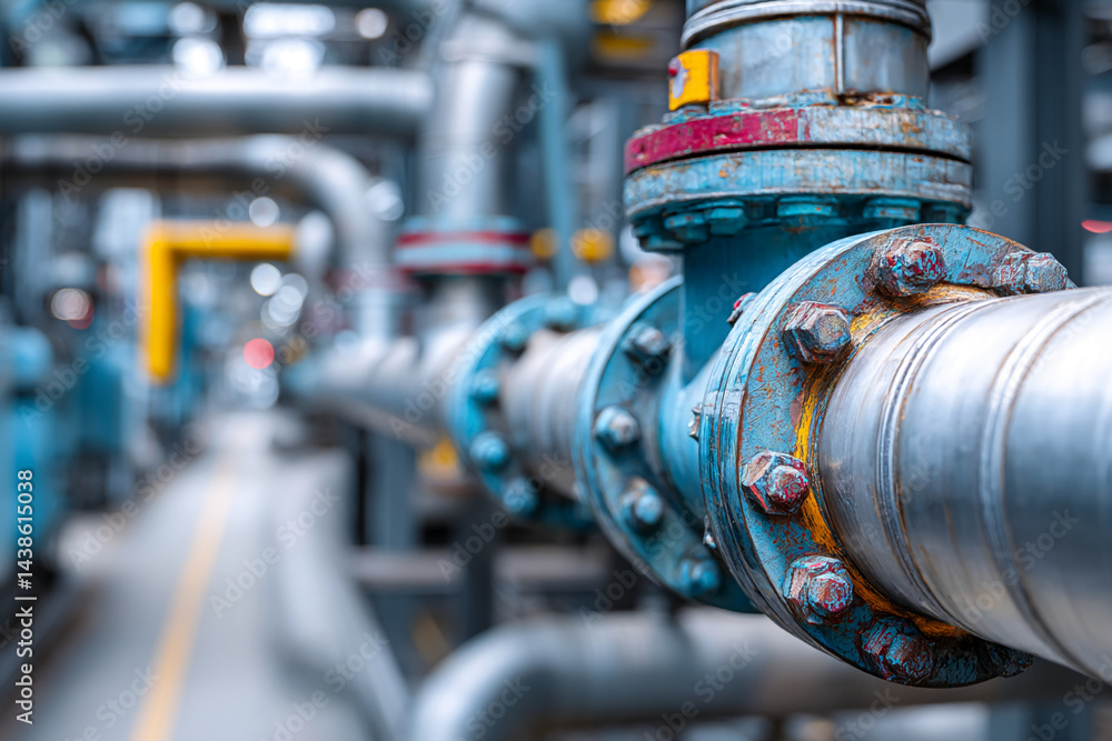 Obraz premium Close-up of industrial pipes, showing metallic texture and blue paint, suggesting themes of industry, engineering, and infrastructure