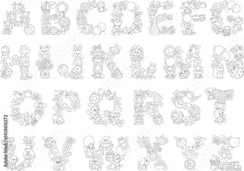English alphabet with letters made from funny toys and cute baby animals, for preschool education, a set of black and white vector cartoon illustrations for a coloring book