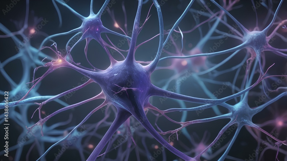 3D rendering of interconnected neuron cells, synapses firing, glowing electrical impulses, complex neural network 3D rendering of interconnected neuron cells, synapses firing, glowing electrical impulses, complex neural network