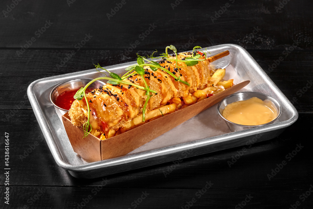 Breaded hot dog with french fries, cheese and dipping sauces on metal tray