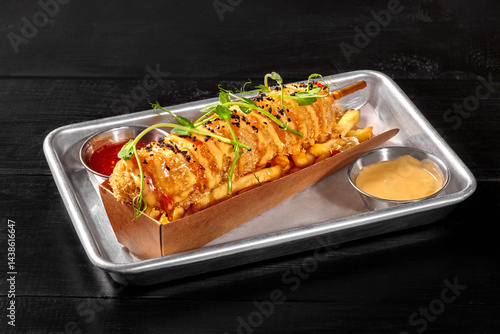 Obraz na płótnie Breaded hot dog with french fries, cheese and dipping sauces on metal tray w salonie