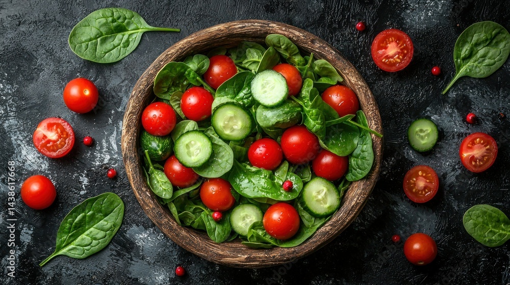 Fresh salad of spinach, tomato, and cucumber in wooden bowl Fresh salad of spinach, tomato, and cucumber in wooden bowl