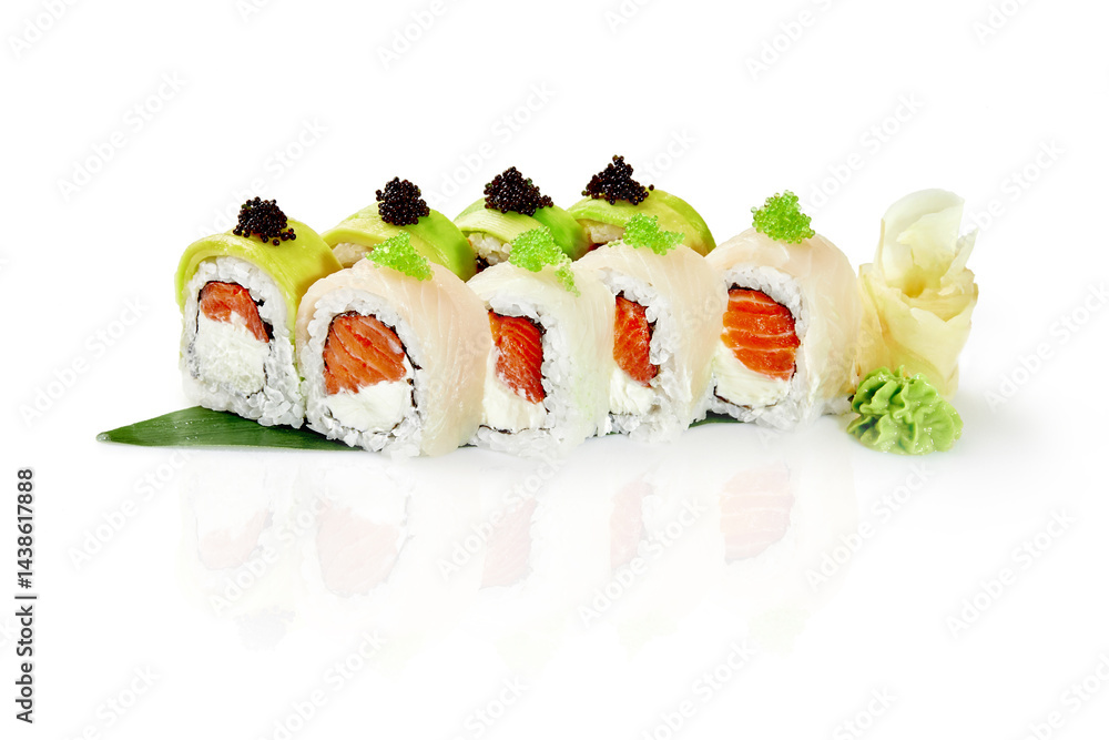 Sushi rolls with salmon, avocado, cream cheese and masago caviar showing japanese cuisine