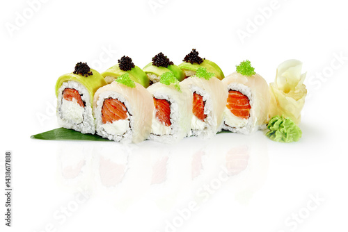 Obraz na płótnie Sushi rolls with salmon, avocado, cream cheese and masago caviar showing japanese cuisine w salonie